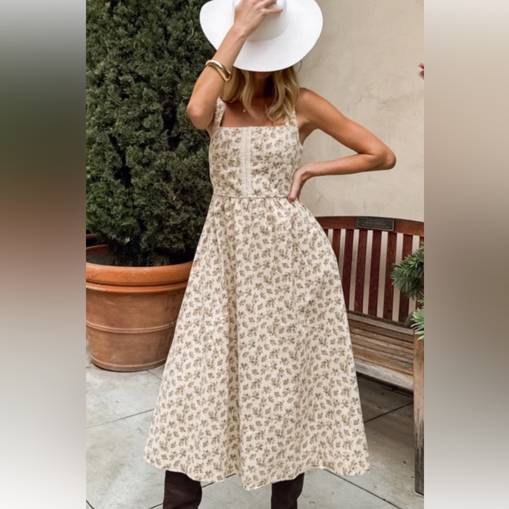 Moon River Beige Floral Smocked Sundress
